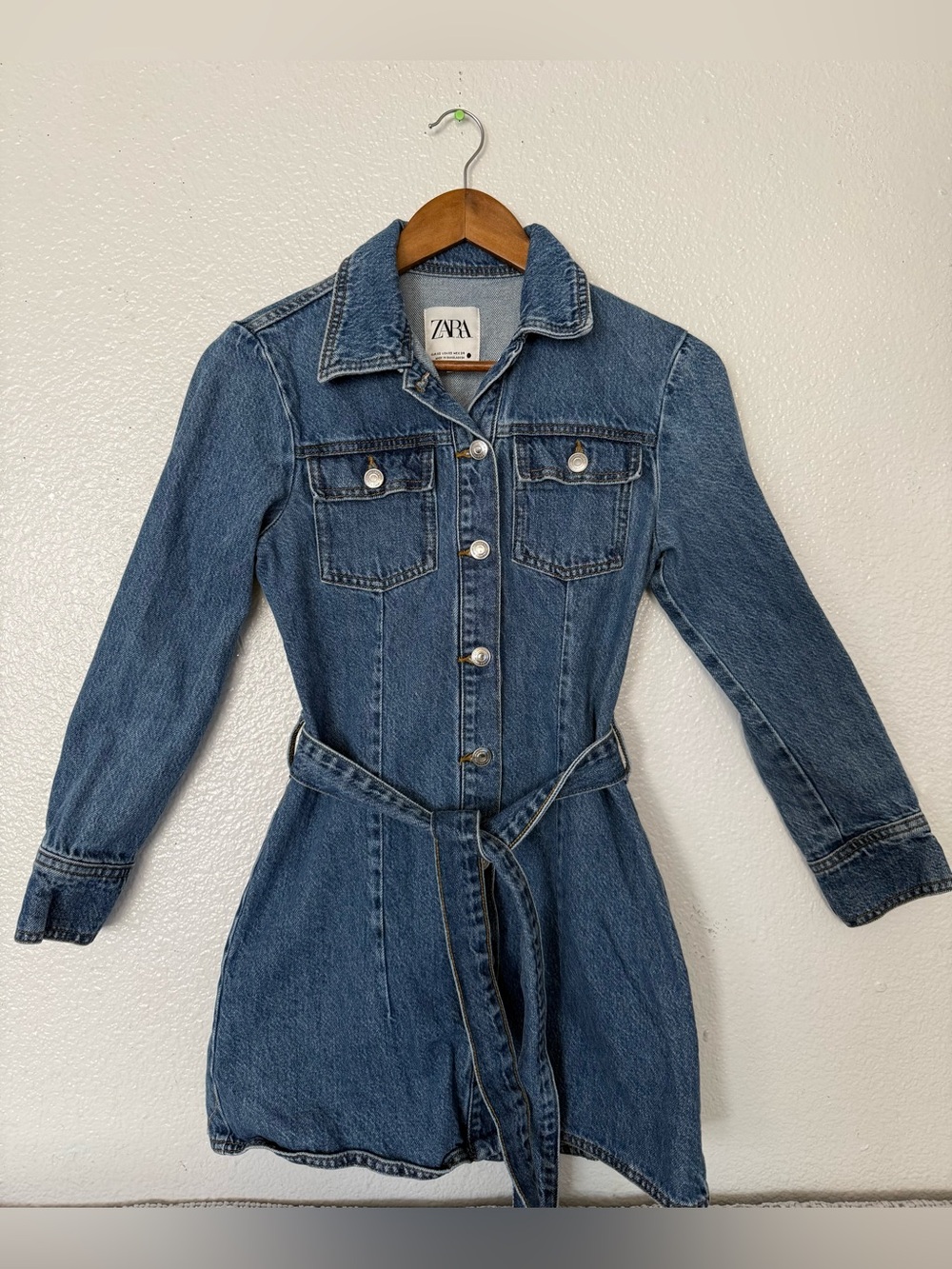 Zara Blue Denim Button-Front Shirt Dress with Waist Tie women’s size XS